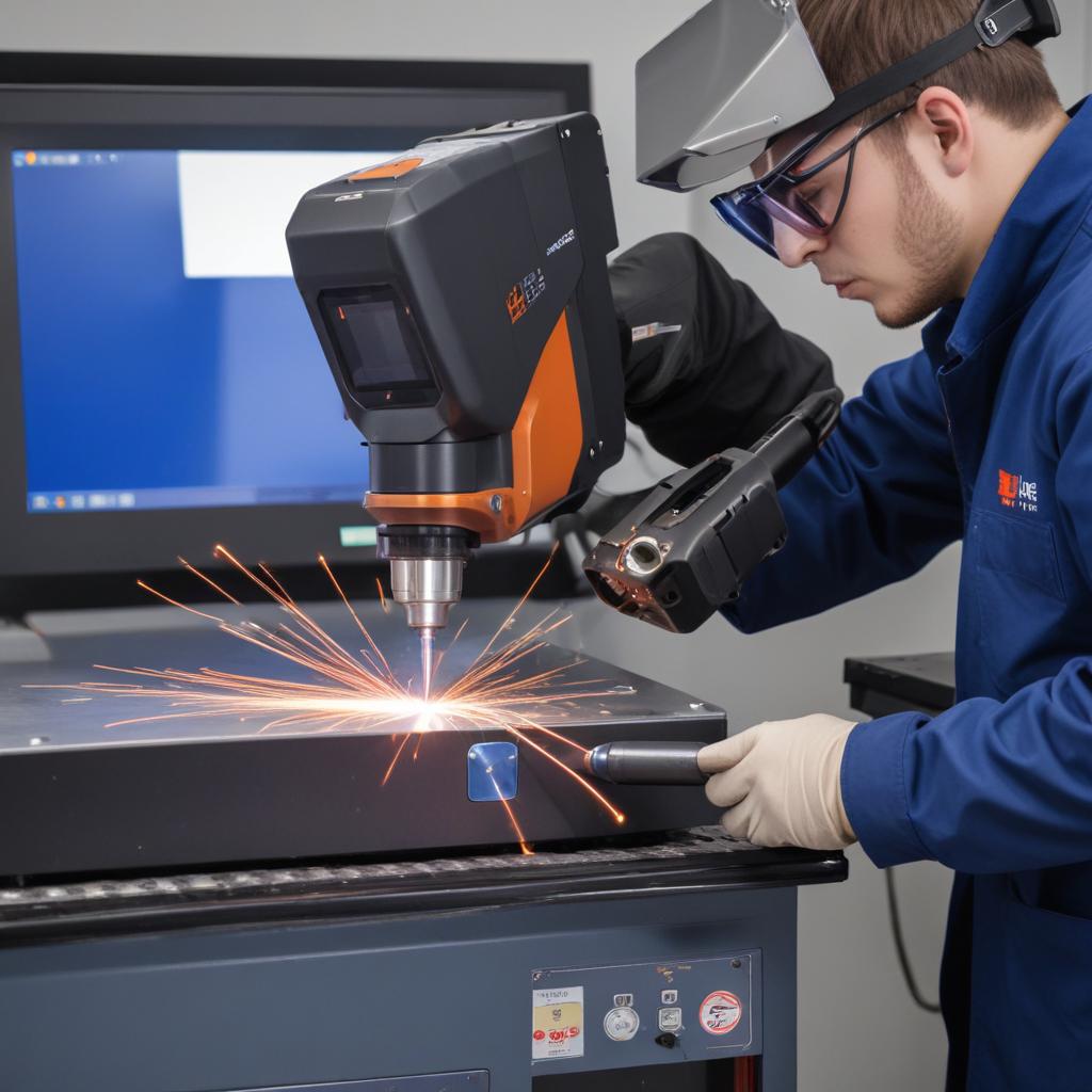 Technician using a handheld laser welding device on a metal surface, emitting sparks.