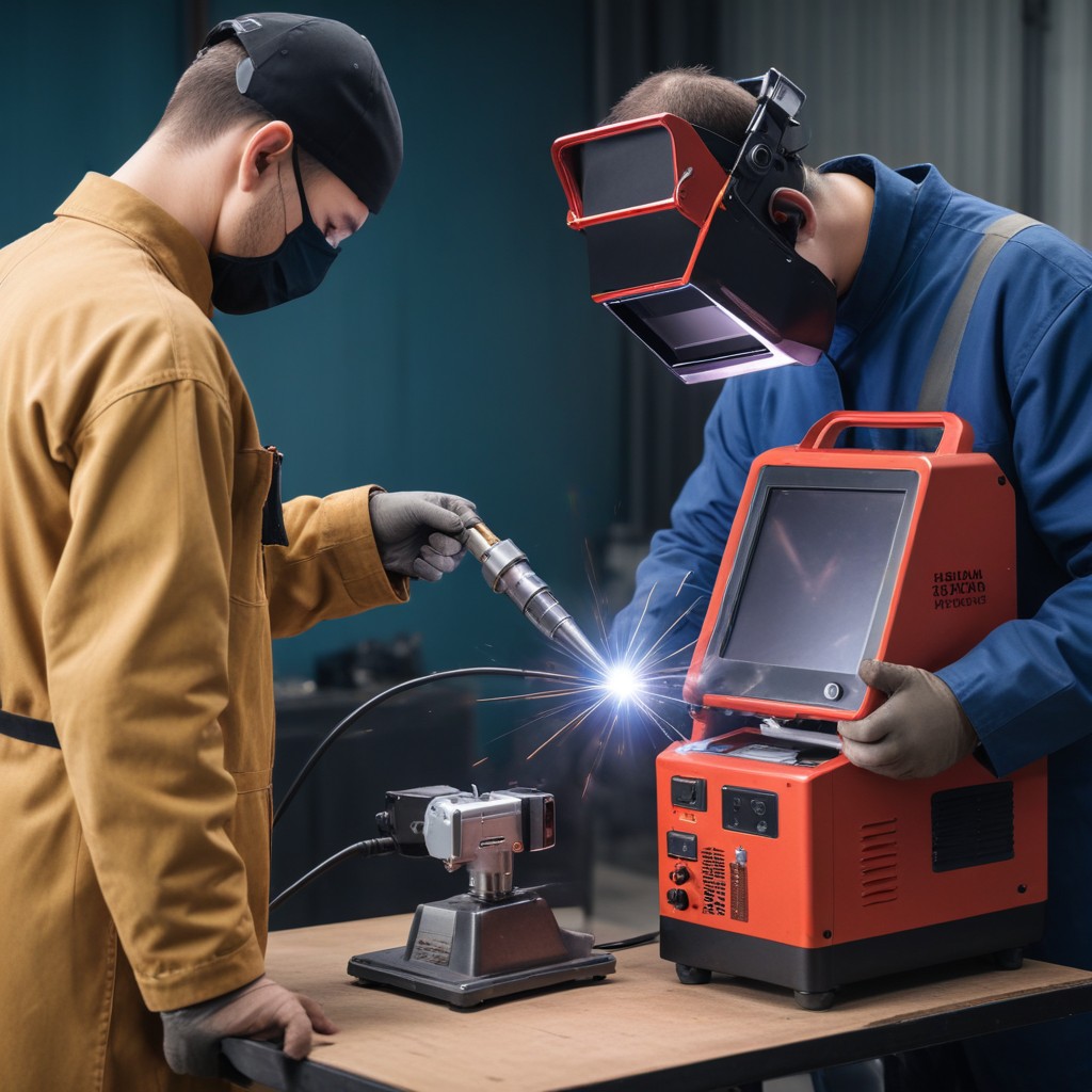 Two men wearing protective gear operate a handheld laser welding machine on a workbench. The portable laser welding device is compact and features a digital interface, demonstrating its use in a controlled environment.