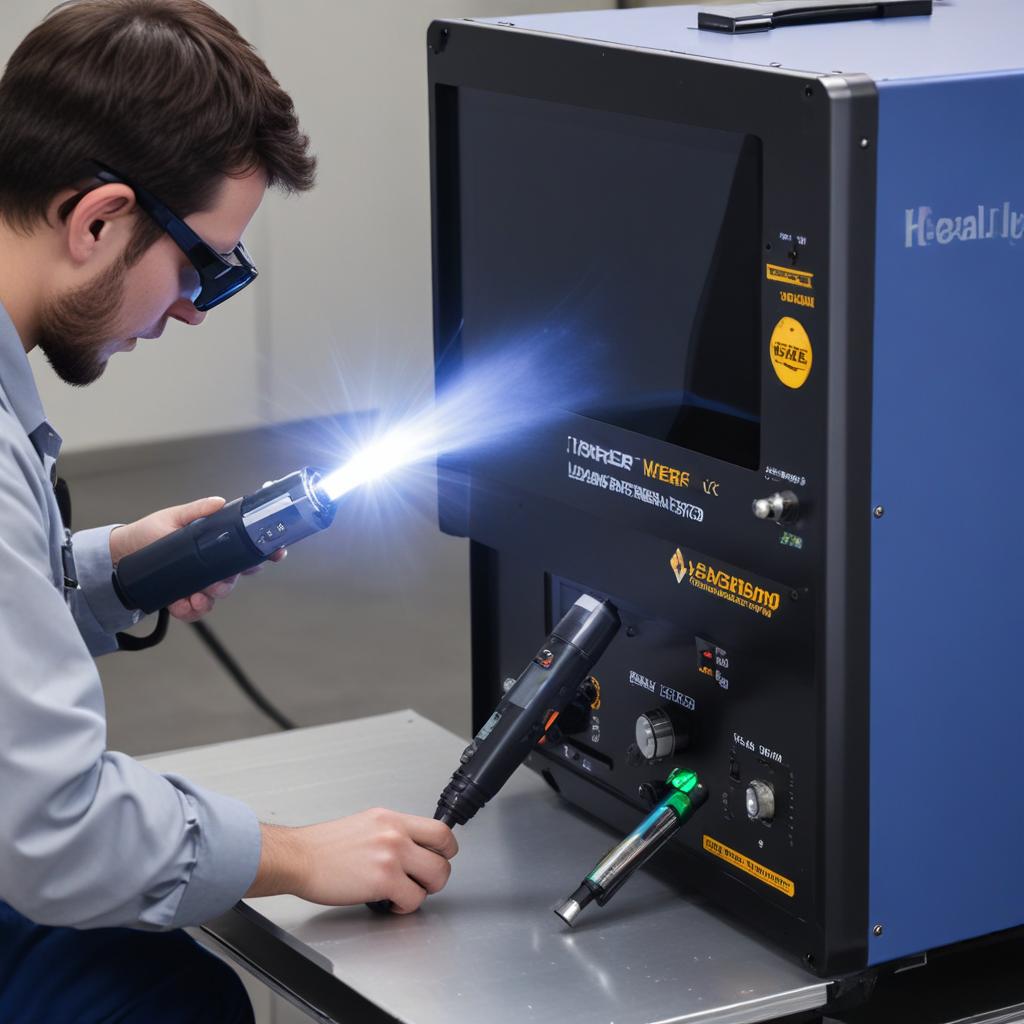 A technician using a handheld laser welding machine with a bright, focused laser beam in an industrial setting. The technician is wearing safety goggles and operating the compact welding device connected to a larger control unit via a flexible cable.