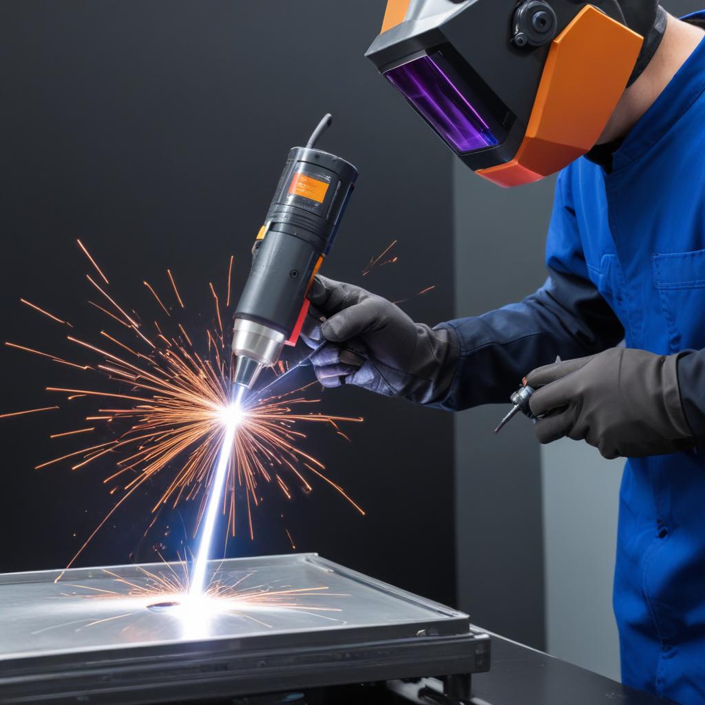 A technician using a handheld laser welding tool to cut a sheet of metal, with sparks flying from the precise point of contact. The technician is wearing protective gloves and a welding helmet.