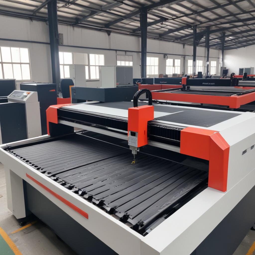  Industrial laser cutting machine in a spacious warehouse setting. The machine features a prominent red and white color scheme, with a black working surface. It has a cutting head mounted on a rail system, allowing for precise movement over the material to be cut. The warehouse has high ceilings with skylights providing natural light, and there are several other similar machines in the background, indicating an environment focused on manufacturing or fabrication.