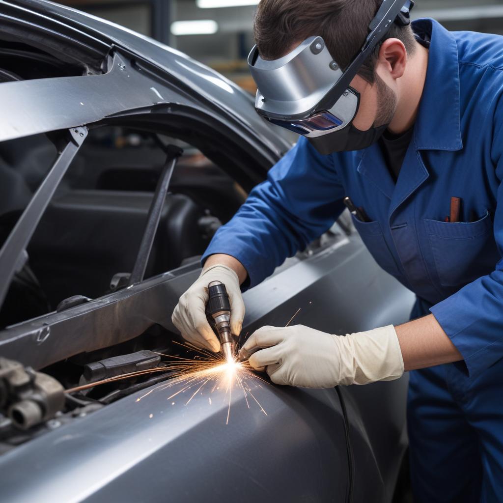 A technician in protective gear using a laser cutting tool to work on a metal automotive part, demonstrating the precision and application of laser cutting technology in the automotive industry.