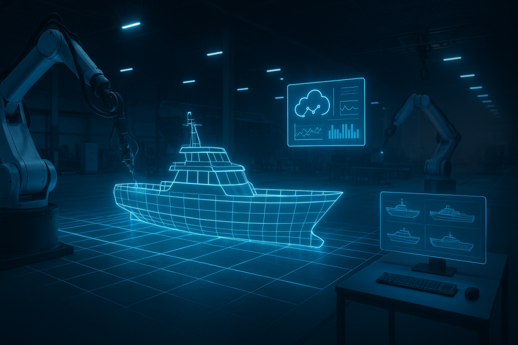 Illustration of a small shipyard using CNC laser machines for hull fabrication, with a digital interface overlay showing design to production workflow.