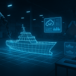 Illustration of a small shipyard using CNC laser machines for hull fabrication, with a digital interface overlay showing design to production workflow.