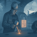 Futuristic shipyard scene showing laser cutting, robotic welding, and a technician marking components with digital interfaces.