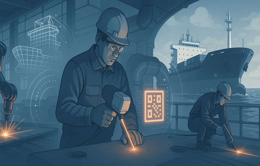 Futuristic shipyard scene showing laser cutting, robotic welding, and a technician marking components with digital interfaces.