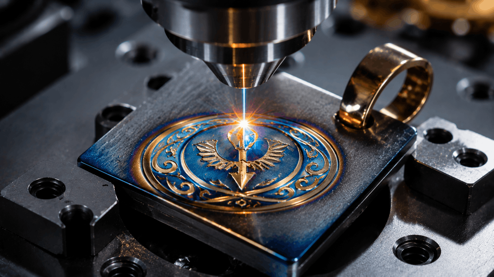Color laser marking machine for jewelry creating decorative color branding on a premium titanium pendant