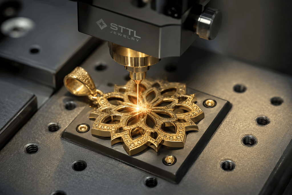 Laser cutting machine for jewelry design creating an intricate gold pendant with precision laser technology