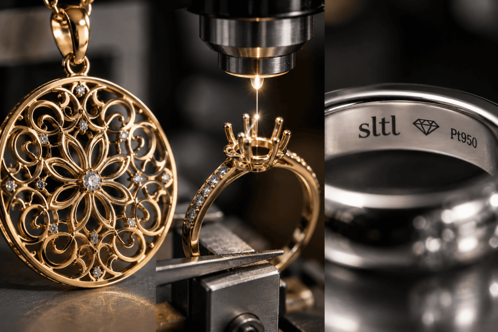 Integrated jewelry laser machine setup with laser cutting, welding, and marking stations for precision jewelry manufacturing