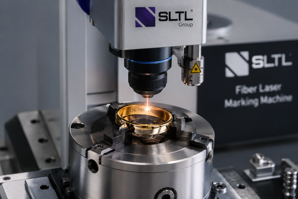 SLTL fiber laser marking machine engraving a gold ring on a rotary fixture for precision jewelry branding and hallmarking
