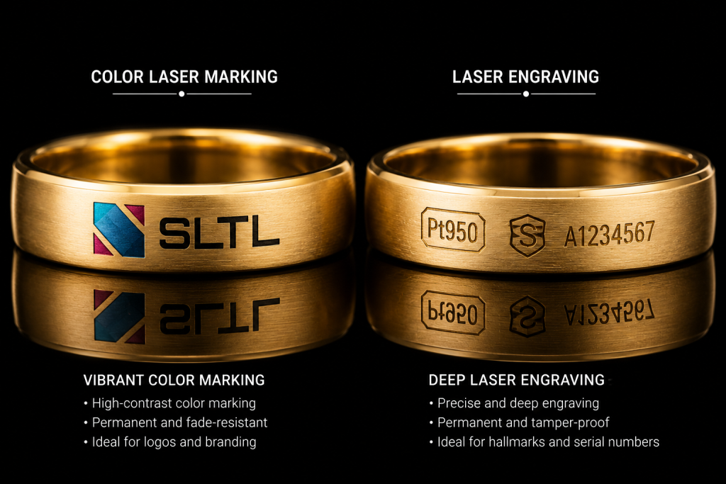 Color marking vs laser engraving on luxury gold rings for jewelry branding and hallmarking