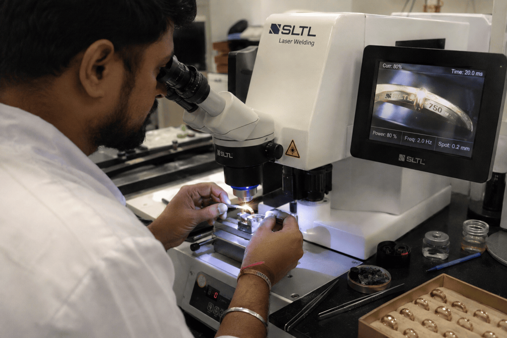 Jewelry laser welding machine repairing a gold ring with microscope precision in a luxury jewelry workshop