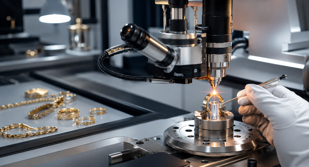 Best laser welding machine for jewelry manufacturing repairing a luxury gold ring with microscope-guided precision