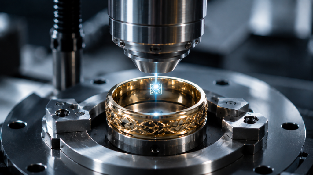 Laser marking machine for jewelry hallmarking engraving a luxury gold ring with precision fiber laser technology