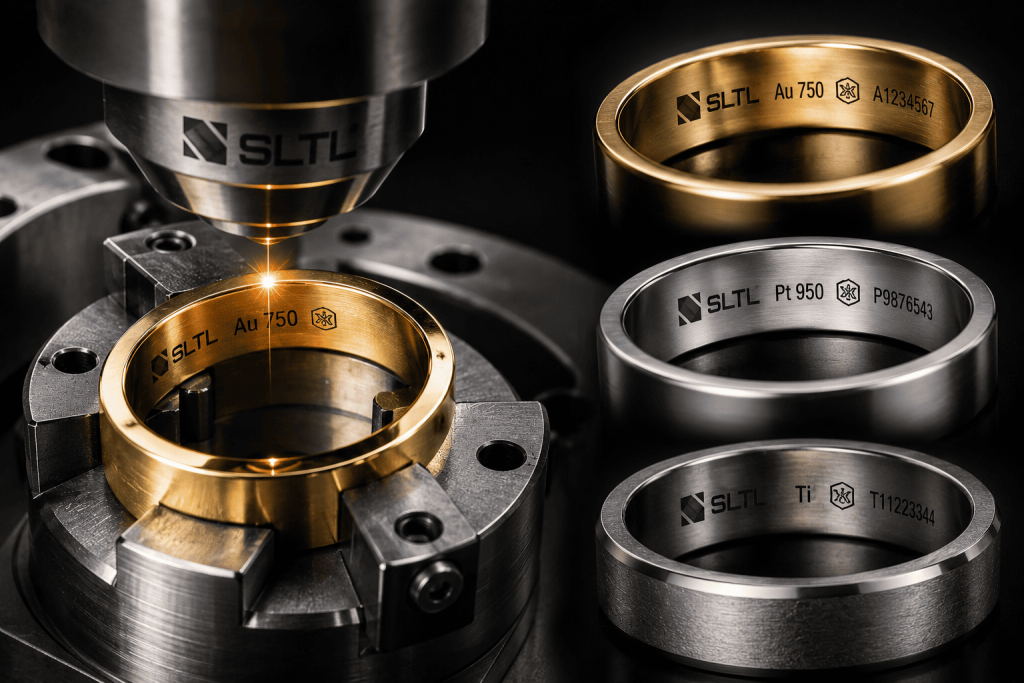 Color laser marking on luxury jewelry creating decorative logos and high-contrast branding