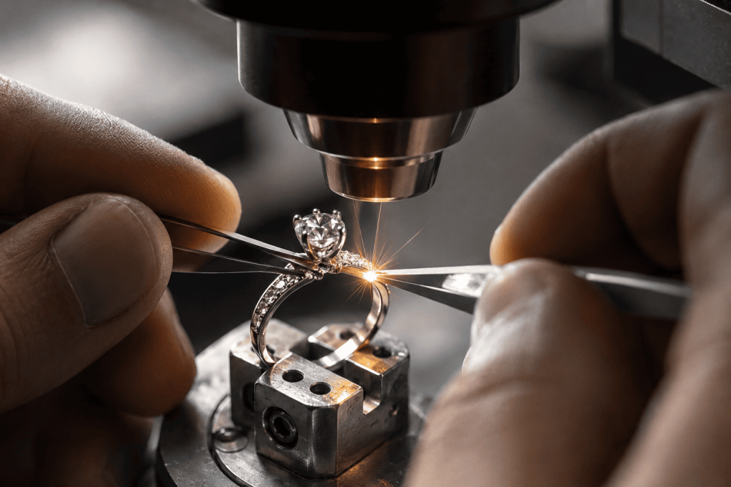 Microscope-integrated jewelry laser welding system performing precision ring repair and gemstone-safe welding