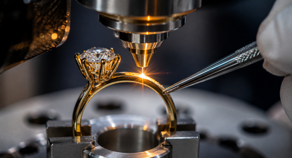 Gold jewelry repair using precision laser welding machine for ring resizing and prong restoration