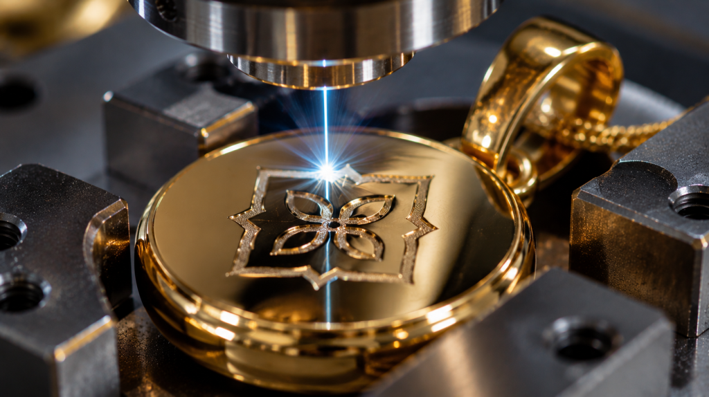 Precision laser logo engraving on luxury gold jewelry for premium brand identification