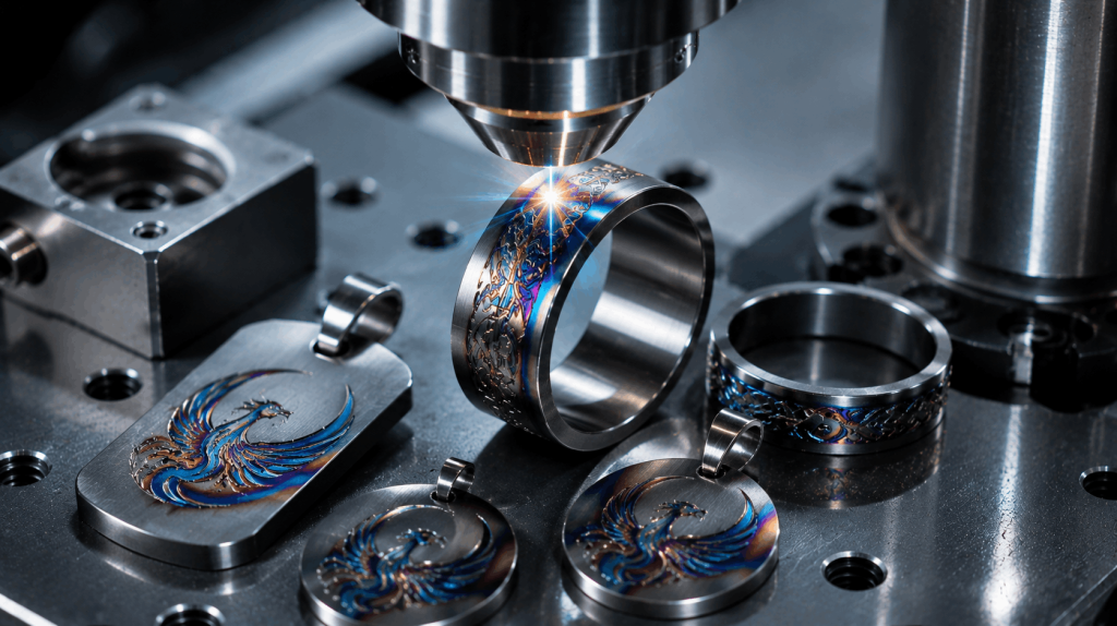 Decorative color laser engraving on jewelry for luxury branding and personalized customization