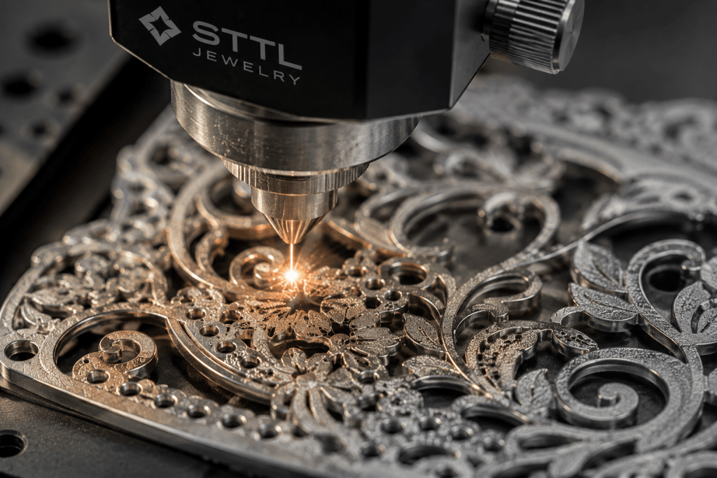 Precision laser cutting of intricate silver filigree jewelry patterns