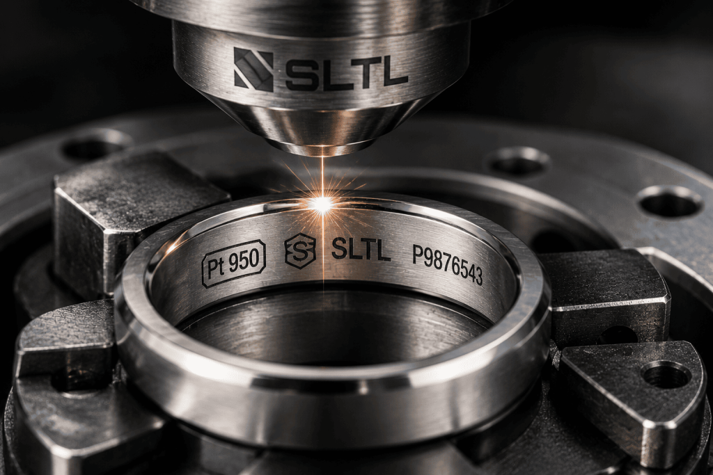 Laser engraving on platinum ring for permanent hallmarking and jewelry traceability