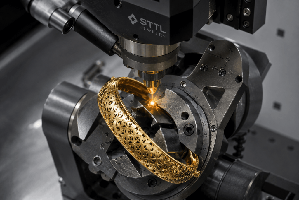 3D laser cutting machine processing a curved jewelry component