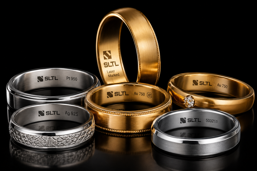 Laser-marked gold, silver and platinum rings displaying high-contrast logos, hallmarks and traceability markings